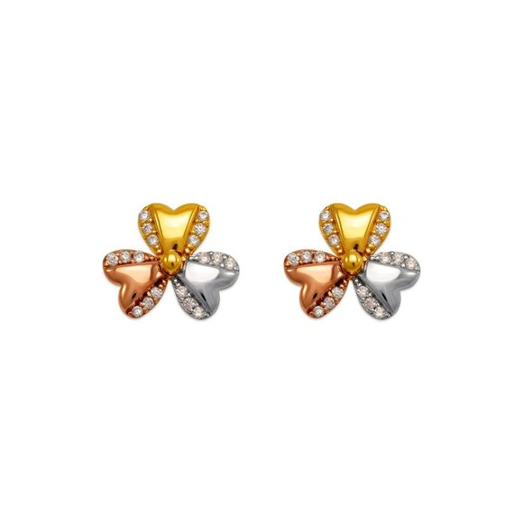14K REAL GOLD Fancy Flower CZ Stud Earrings - Picture 1 of 4
